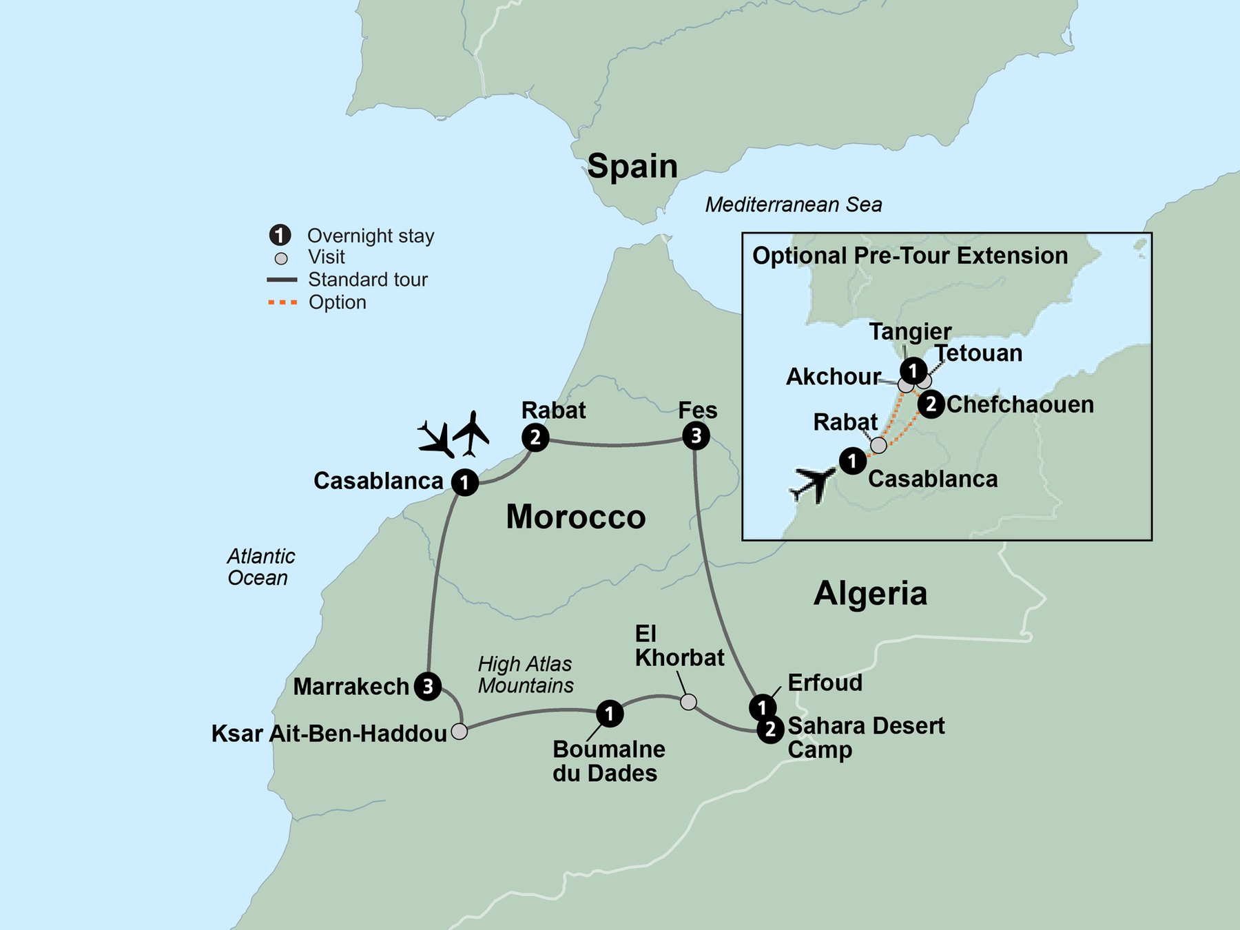 Route map of the Colors of Morocco tour, from Casablanca through the Sahara to Marrakech, with the optional Chefchaouen and Tangier pre-tour extension